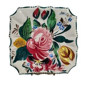 Vintage Handpainted Italian Ceramic Square Plate Floral Design Green Trim